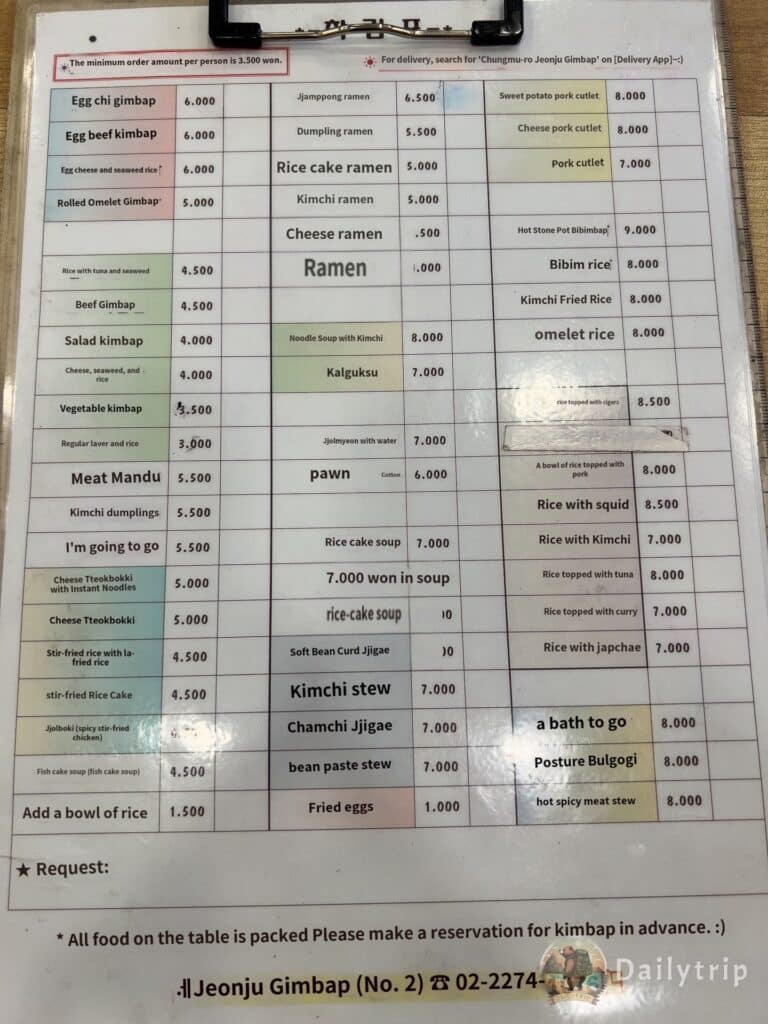 Speisekarte koreanisch Restaurant Jeonju Gimbap uebersetzt